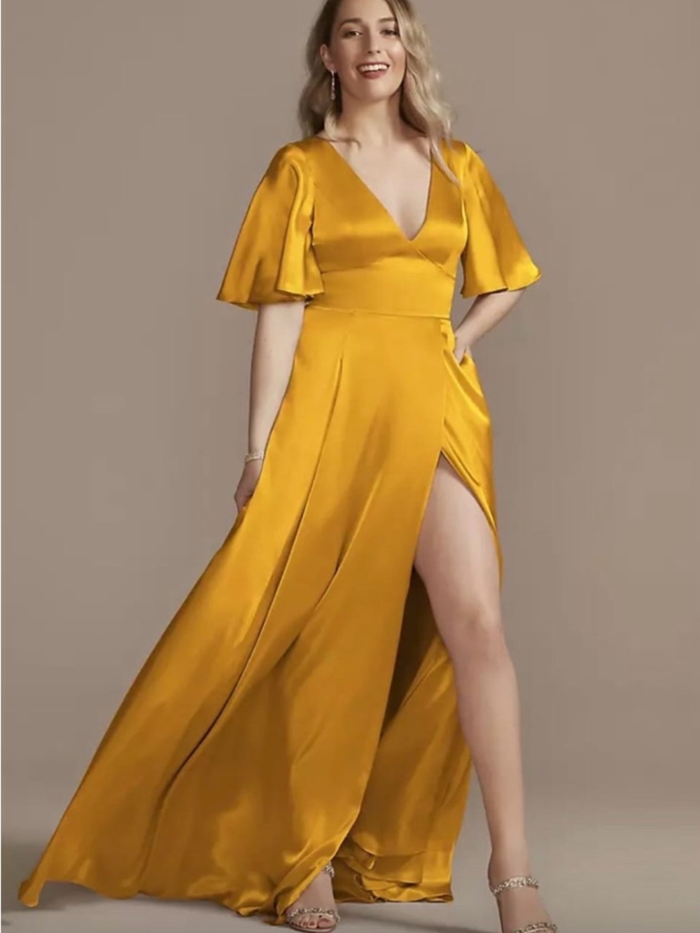 David's Bridal Mustard Gold Satin High-Slit V-Neck Gown